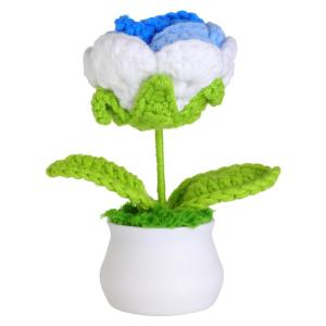 Kunstbloem roos gehaakte bloemen potplant, mini gebreide bloempot, kleine handgemaakte gehaakte bloem voor thuiskantoor tafeldecoratie, cadeau voor haar Valentijnsdag (1, wit blauw