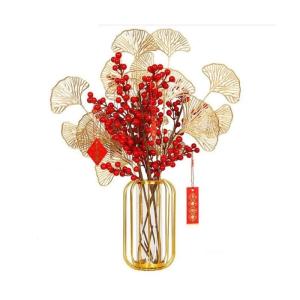 Kunstblumen Gefälschte Blumensimulationsblume, Beeren-Glücksfrucht mit Leichter Luxus-Vase aus Schmiedeeisen für Zuhause, Hochzeit, Party, Büro für jeden Anlass
