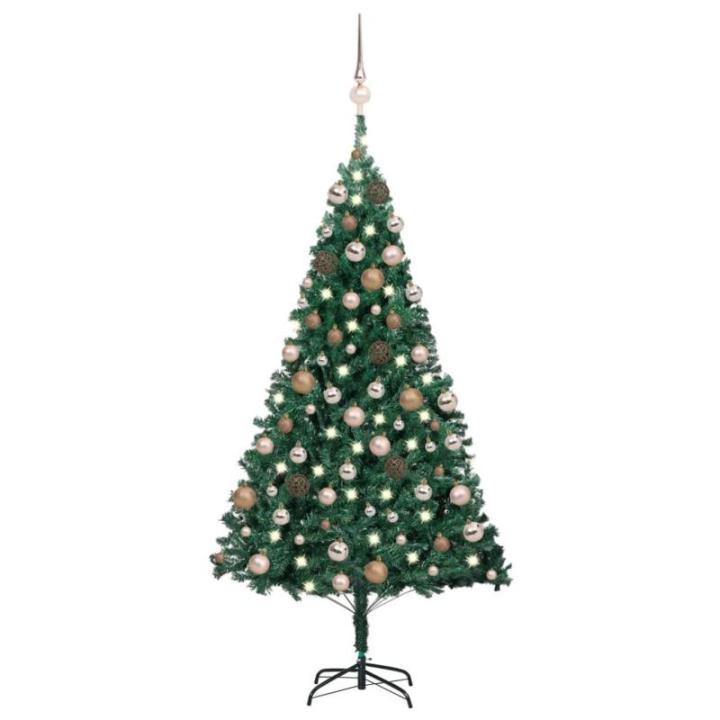 Kunstkerstboom met verlichting en ballen, dennenboom, kerstboom, decoratieve boom, kunstboom, kerstdecoratie, kerstdecoratie, kerstsfeer, kerstdecoraties, groen, 150 cm