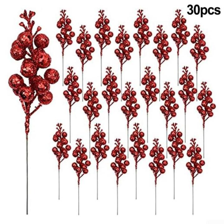 30 glitzernde künstliche Glitzer-Beerenstiel-Ornamente, Weihnachtsbaum-Plektren, glitzernde Zweige für Weihnachtsbaumdekoration, DIY, Basteln, Dekoration, Heimdekoration (rot)