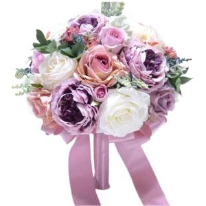 Hochzeitsbrautstrauß mit künstlichen Blumen, Hochzeitsstrauß, Hochzeitsbrautsimulation mit Rosen, Fotoshooting mit künstlichen Blumen(Purple)