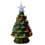 Grüner 10,5 x 18,8 cm großer Keramik-Weihnachtsbaumschmuck, handbemalter Keramik-Baum, beleuchteter Feiertagsmittelaufsatz mit bunten Lichtern