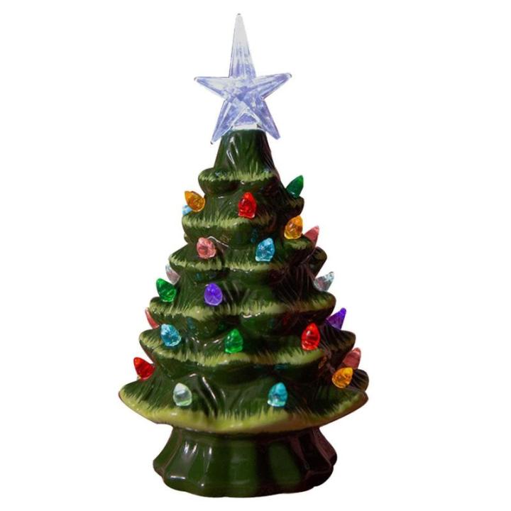 Grüner 10,5 x 18,8 cm großer Keramik-Weihnachtsbaumschmuck, handbemalter Keramik-Baum, beleuchteter Feiertagsmittelaufsatz mit bunten Lichtern