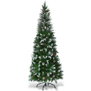 Kunstpotlood, kerstboom met dennenappels, sneeuwbedekte dennenboom met metalen standaard, pvc-naalden, kunstboom, kerstklapsysteem, 180 cm