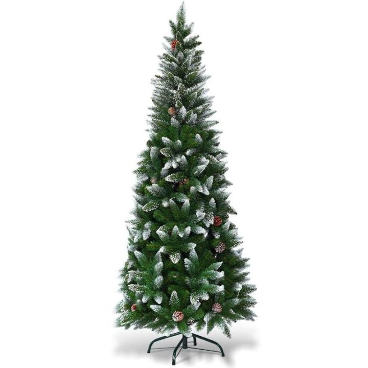 Kunstpotlood, kerstboom met dennenappels, sneeuwbedekte dennenboom met metalen standaard, pvc-naalden, kunstboom, kerstklapsysteem, 180 cm