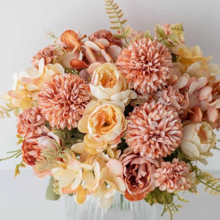 Künstliche Blumen,Kunstblumen wie echt Blumen Deko Künstlich Pfingstrose Seide Hortensien Dekoration Blumenarrangements Hochzeit Blumenstrauß(Cremeorange)