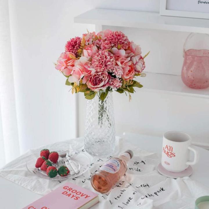 Künstliche Blumen,Unechte Blumen Deko Künstlich Pfingstrose Seide Hortensien Dekoration Plastik Blumenarrangements Hochzeit Blumenstrauß(Rouge)