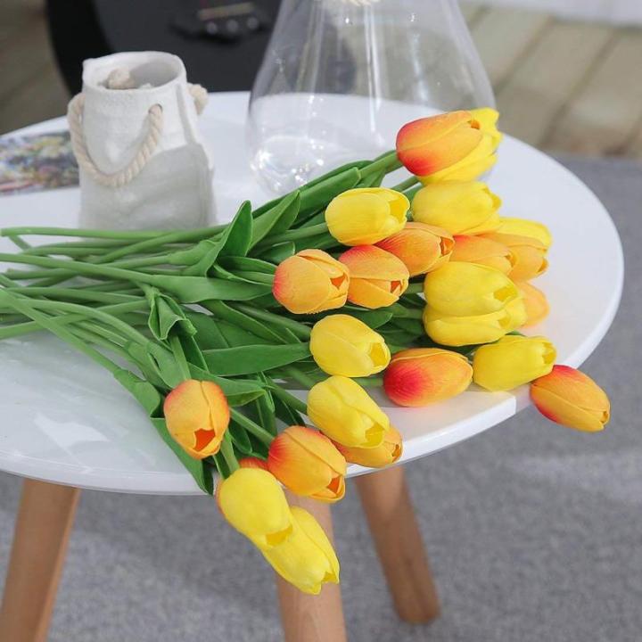 10 stuks PU Real Touch Latex Kunstmatige tulpen neptulpen bloemen boeketten bloemenarrangement voor huis kamer bruiloftsboeket middenstuk, geel