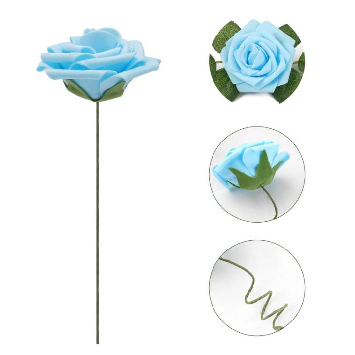 Kunstbloemen, rozen, 25 stuks, Real Touch, kunstrozen met stammen, doe-het-zelf voor bruiloft, bruidsboeketten, Valentijnsdag, Moederdag, babyshower, woondecoratie (lichtblauw)
