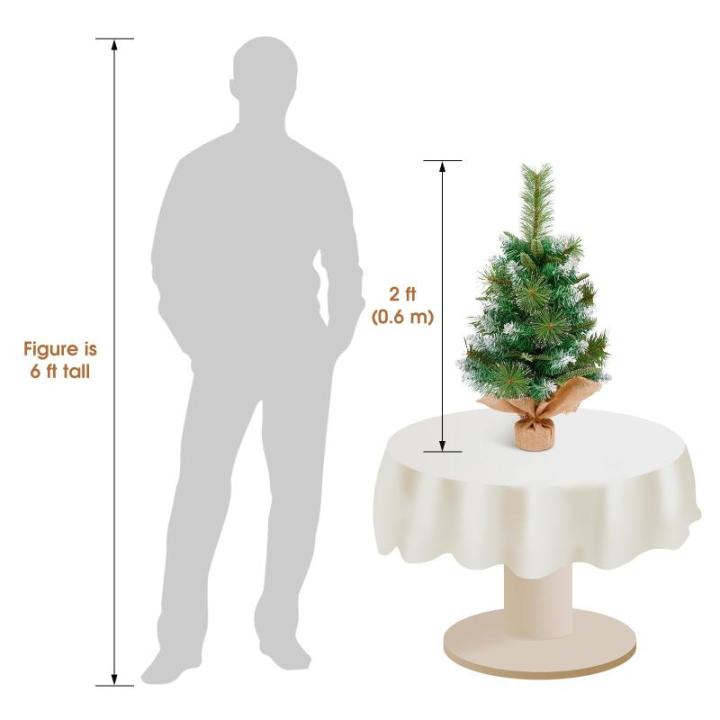 60 cm kleine pvc-kerstboom met 60 bladpunten van dennennaalden, mini-tafel kunstkerstboom in wit spuiten, linnen katoen en cementbasis voor kerstdecoraties