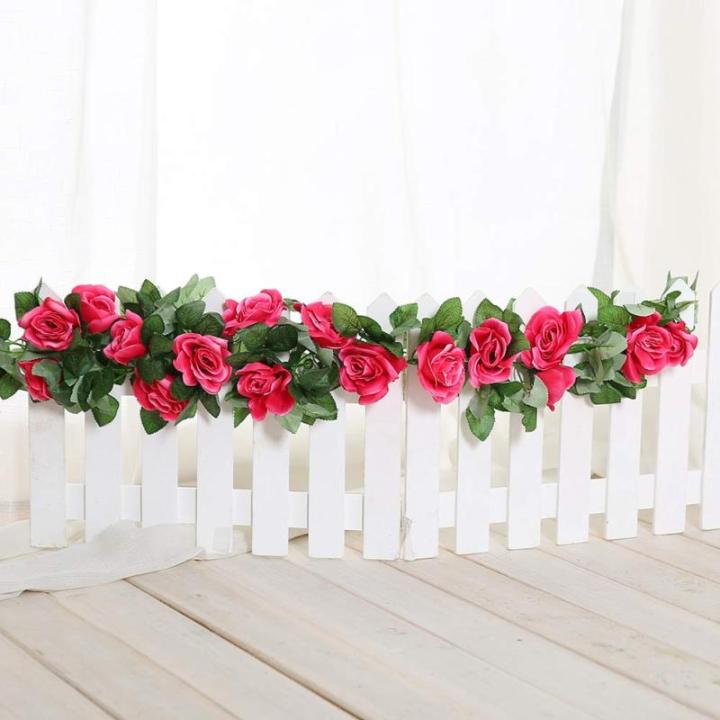 guirlande met kunstrozen, 2 stuks, 220 cm, hangende bloemen van zijde voor outdoor, indoor, bruiloft, badkamer en wanddecoratie (roze/rood)