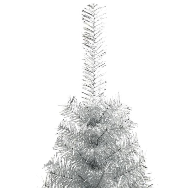 Halve kunstkerstboom met standaard, kerstboom, dennenboom, decoratieve boom, kunstboom, kerstdecoratie, zilver, 240 x 125 cm