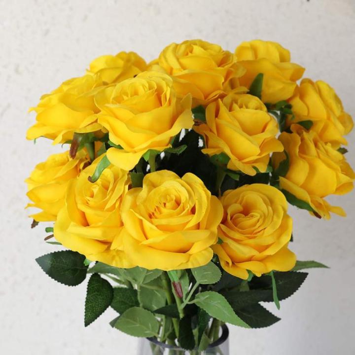 Kunstmatige Zijde Roos Bloem Enkele Stam Levensechte Nep Roos voor Bruiloft Boeket Bloemenarrangementen Huis Feest Bloemstuk Decoratie, 10 stuks (Geel)