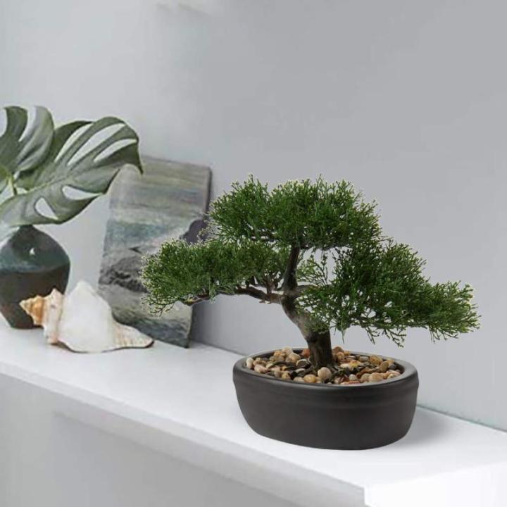 Kunstbonsai Natuurgetrouwe kunstplant, kunstboom, bonsai, ceder, grenen, podocarpus, plastic plant, kunstplant met keramische pot in zwart, voor badkamerdecoratie, desktop, kantoor