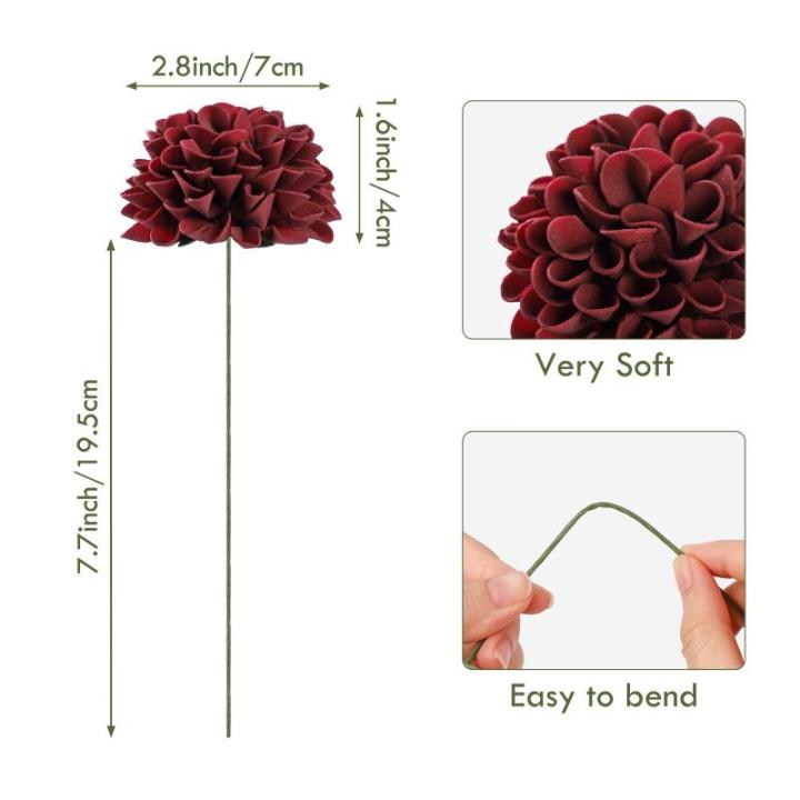 , 20 stuks dahlia-bloemen met bladeren en stelen, doe-het-zelf rode dahlia-schuim bloem voor bruiloft, boeketten, bloemen, centerpieces, arrangementen feesttafels,
