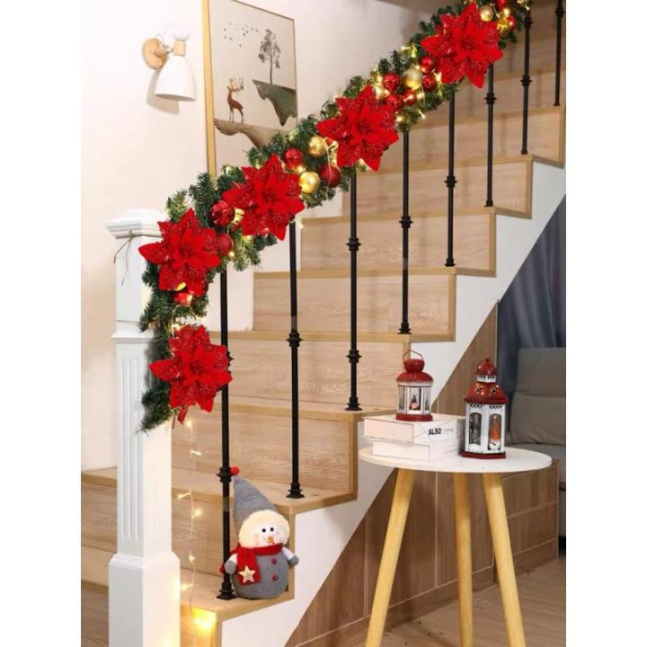 Kunstbloemen, Poinsettia, glitter, kerstbloemen met clips, boomversiering, ornamenten voor doe-het-zelf kransen, slinger, huis, feest, vakantie, decoratie, 15 stuks, 14 cm, rood