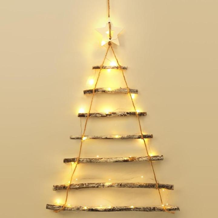 Houten ladder, dennenboom, houten boom, kerstdecoratie met kleine ledlichtjes, adventskalender, ophanging, verlichte houten ladder, kerstboom voor woondecoratie