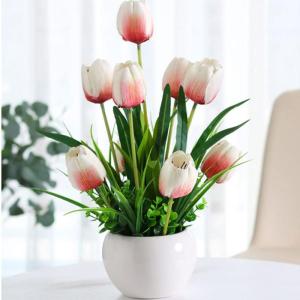 Kunstblumen Künstliche Tulpenblumen mit Keramikvase, echter Tulpenstrauß, lebendiges Tulpenblumenarrangement, für Hausgartenparty für jeden Anlass