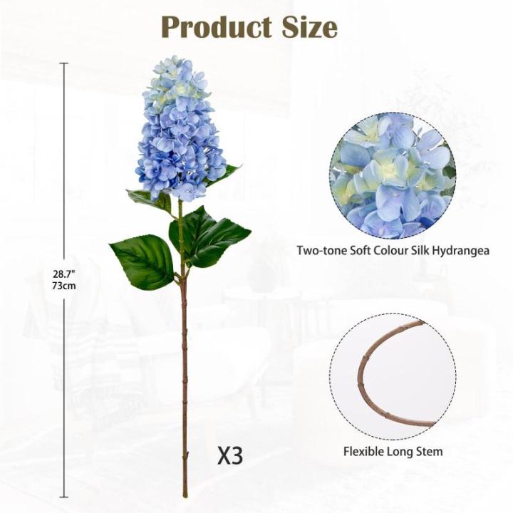 3 stuks nepbloemen hortensia lichtblauw 73,9 cm hoge kunstmatige hortensia bloemen, zijden bloemen lange steel voor bloemstuk thuis boerderij kantoor hotel decoratie