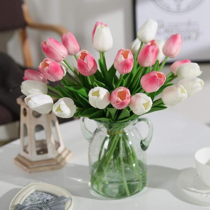 20 stuks PU Real Touch Latex Kunstmatige tulpen neptulpen bloemen boeketten bloemenarrangement voor huis kamer bruiloftsboeket middenstuk, roze