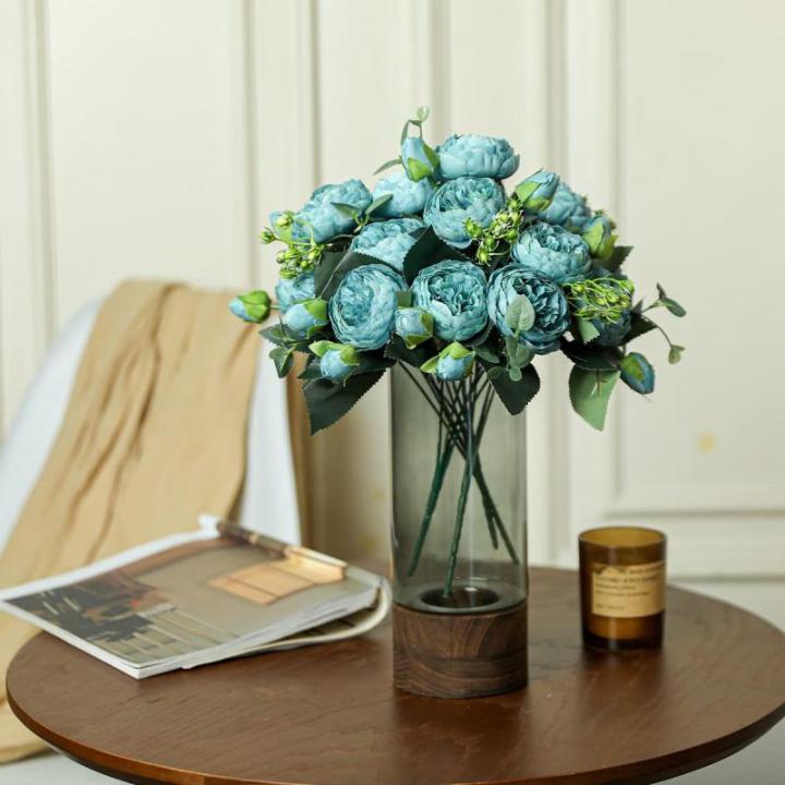 4 bundels pioenroos, kunstroos met 20 koppen, namaakpioenroos, zijde, bloemen, boeketten voor bruiloft, thuis, tafel, feest, raamdecoratie, blauw