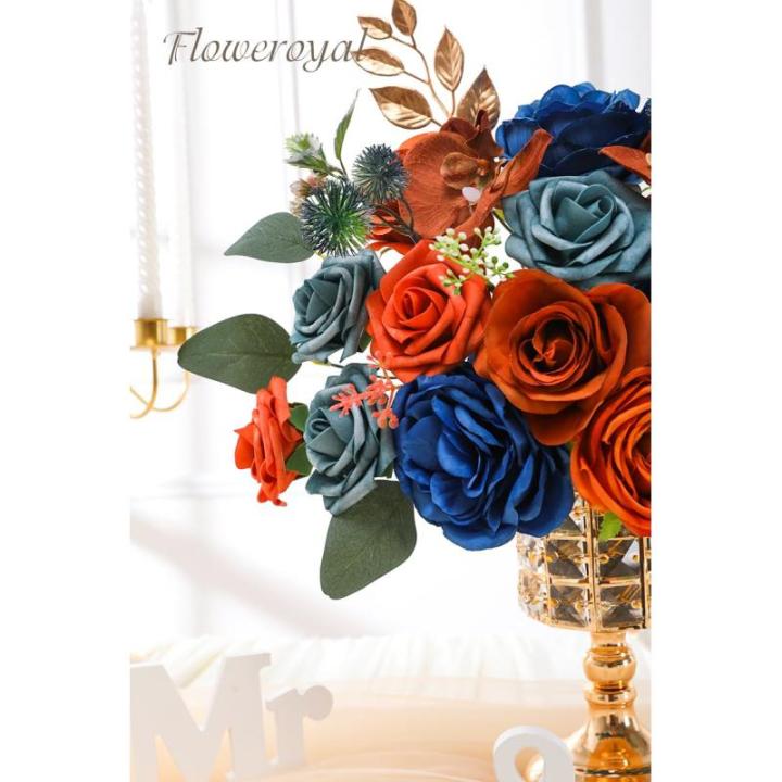 Künstliche Blumen Combo Königsblaue Blumen Mix Seidenblumen Orchideen Rosen mit Stielen für DIY Hochzeit Brautsträuße Babyparty Blumenarrangement Tischaufsätze Heimdekoration