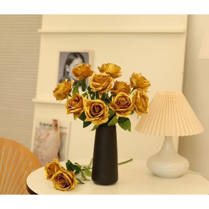 12 stuks Kunstmatige Rozen, 53cm Kunstrozen Enkele Lange Steel , Realistische voor Bruiloftsboeket, Thuis Tuin Woonkamer Hotel Kantoor Decoratie (Gold)