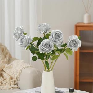 12 stuks Kunstmatige Rozen, 53cm Kunstrozen Enkele Lange Steel , Realistische voor Bruiloftsboeket, Thuis Tuin Woonkamer Hotel Kantoor Decoratie (Zilver)