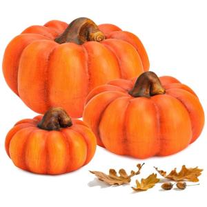 Pompoenset in fel oranje, herfstdecoratie, handgemaakte decoratieve pompoenen van klei voor binnen en buiten, weerbestendig en duurzaam, sierpompoenen, 3-delige set, perfecte Hallo