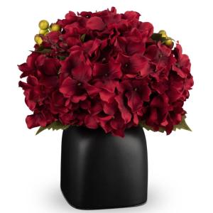 Kunstbloemen als echte kunstmatige hortensia, rode decoratieve bloemen met bessen, in zwarte keramische vaas, bloemstuk voor kantoor, woonkamer, badkamer, herfst, decoratie