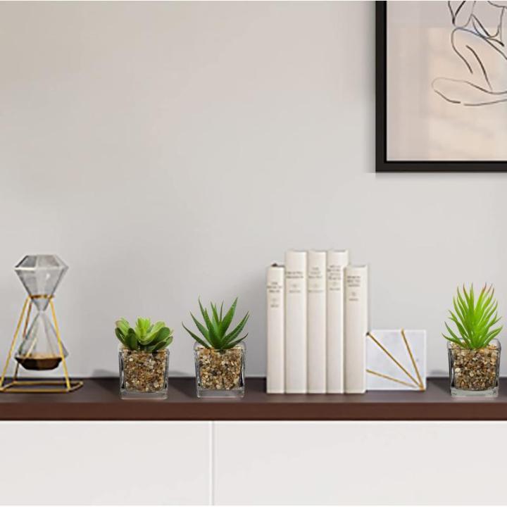 Kunstplant kunstmatige vetplant kamerplant decoratieve woonkamer, badkamer decoratieve plant vetplant, hoogte 10,5 cm, in glazen pot, set van 4