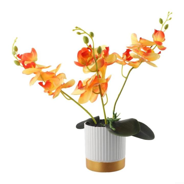 Künstliche Blume, Phalaenopsis-Bonsai-Dekoration, künstliche Orchidee, lebensechte künstliche Blume, Display in Weißgold-Topf (orange)