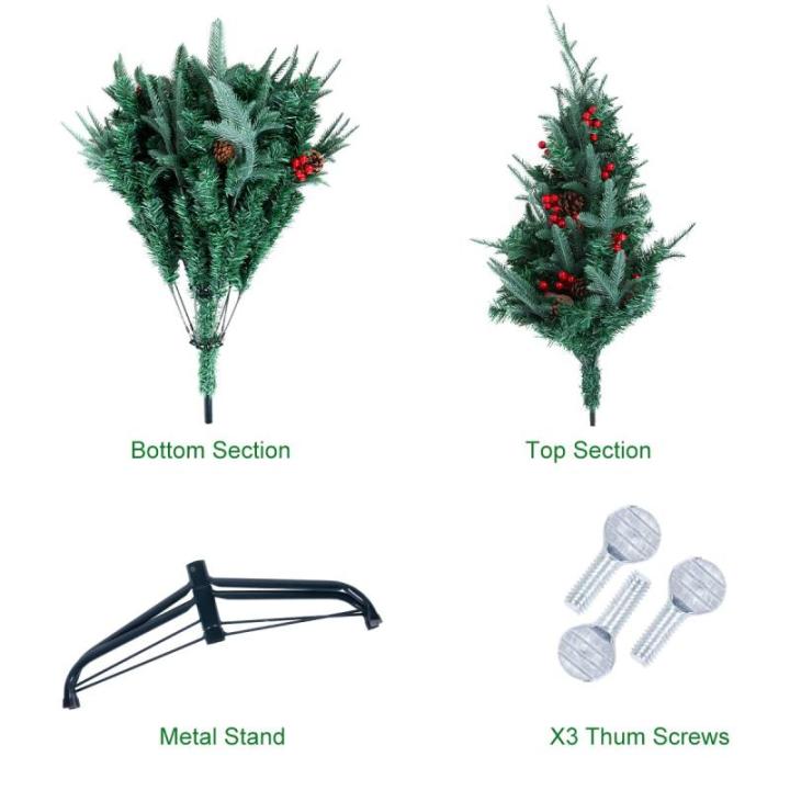 150 cm kerstboom met 12 m 240 leds lichtsnoer, kunstkerstboom + PE kerstboom met boom 450 takken/39 gemengde dennennaalden/39 rode bessen voor Kerstmis feestelijke decoratie