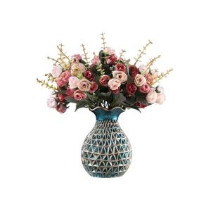 Kunstblumen Künstliche Blumen mit Vase, 4 Bündel künstlicher Blumenstrauß im europäischen Stil, Vasendekoration, Wohnzimmer-Blumenarrangement für jeden Anlass