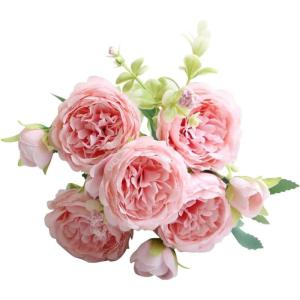 Simulation Blumenstrauß,Künstlicher Blumenstrauß Pfingstrose, 5er-Bouquet, echte Seidenblumen mit Stiel, cremefarbene Kunstblumen als Dekoration in großen Mengen(Dark Pink)