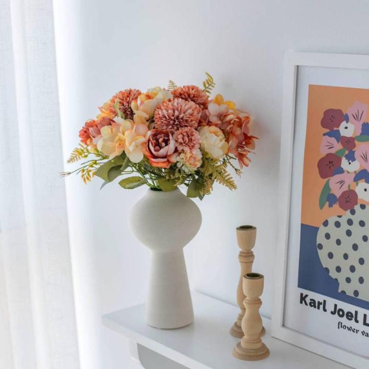 Künstliche Blumen,Kunstblumen wie echt Blumen Deko Künstlich Pfingstrose Seide Hortensien Dekoration Blumenarrangements Hochzeit Blumenstrauß(Cremeorange)
