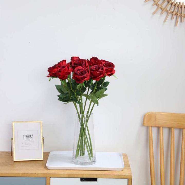 Kunstmatige Zijde Roos Bloem Enkele Stam Levensechte Nep Roos voor Bruiloft Boeket Bloemenarrangementen Huis Feest Bloemstuk Decoratie, 10 stuks (Gradiënt Donkerrood)