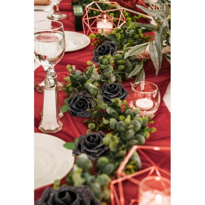 Glitter-roos kunstbloemen, 25 stuks kunstrozen, bloemen met stengels, echte touch, kunstschuim, rozen voor bruiloft, boeketten, feesten, thuis, Halloween, kerstdecoratie (zwart)