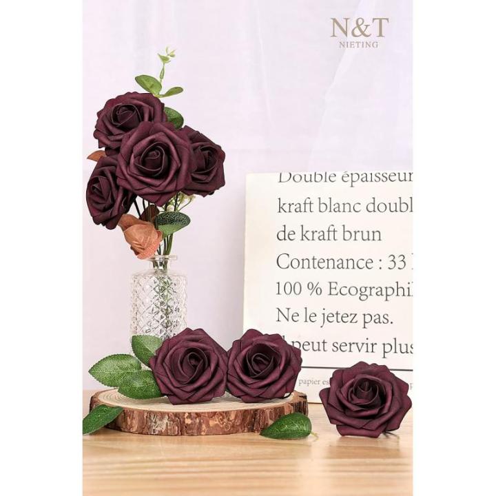 Kunstbloemen, rozen, 25 stuks, decoratieve kunstrozen met steel, doe-het-zelf bruiloft, bruidsfeest, feesttafels, boeketten, bruid, woondecoratie, bordeauxrood