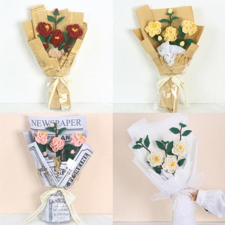 stücke Handgewebte Kamelie Blume Gestrickt Häkeln Blumenstrauß Hochzeit Ornamente