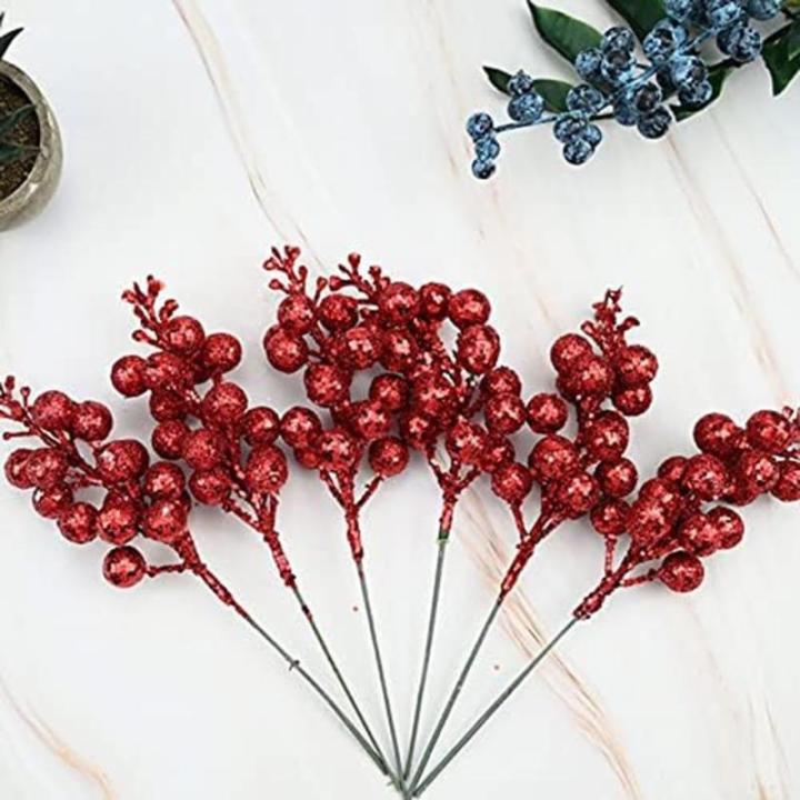 30 glitzernde künstliche Glitzer-Beerenstiel-Ornamente, Weihnachtsbaum-Plektren, glitzernde Zweige für Weihnachtsbaumdekoration, DIY, Basteln, Dekoration, Heimdekoration (rot)