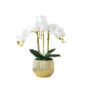 Kunstblumen Künstliche Orchideen-Dekoration – weiße Orchideen-Kunstblumen im Topf mit Goldener Keramikvase für die Heim- und Bürodekoration für jeden Anlass