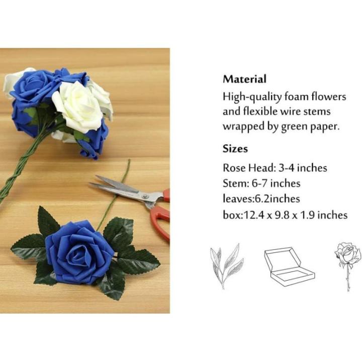 Kunstbloemen, rozen, 25 stuks kunstrozen met steel, doe-het-zelf decoratie, voor bruiloft, boeketten, bruid, woondecoratie, ivoor en blauw