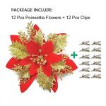 GL-Turelfies 12 STK. Glitzer Weihnachtsblumen (15cm/5,9'') mit 12 STK. Clips Künstliche Weihnachtsstern Blumen Weihnachtsbaum Blumenschmuck Weihnachtsbaum Ornamente (rot)