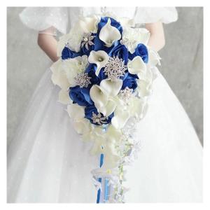 Hochzeitsstrauß, Brautstrauß, 25,9 cm künstlicher weißer Calla-Lilien-Brautstrauß mit Kristallornamenten, kaskadenförmiger Strauß für kirchliche Hochzeiten (rot) (blau)