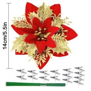 15 stuks 14 cm kunstmatige kerstster bloemen glitter met clips stengels kerstboom ornamenten voor krans feest bruiloft Nieuwjaar decoratie (rood gouden)