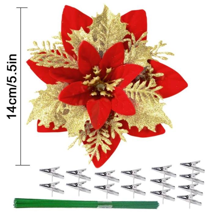 15 stuks 14 cm kunstmatige kerstster bloemen glitter met clips stengels kerstboom ornamenten voor krans feest bruiloft Nieuwjaar decoratie (rood gouden)