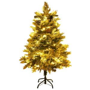 Künstlicher Weihnachtsbaum mit LED Beleuchtung Weihnachtsbaum mit Schnee mit Tannenzapfen Grün und Weiß PVC 120 x 65 cm