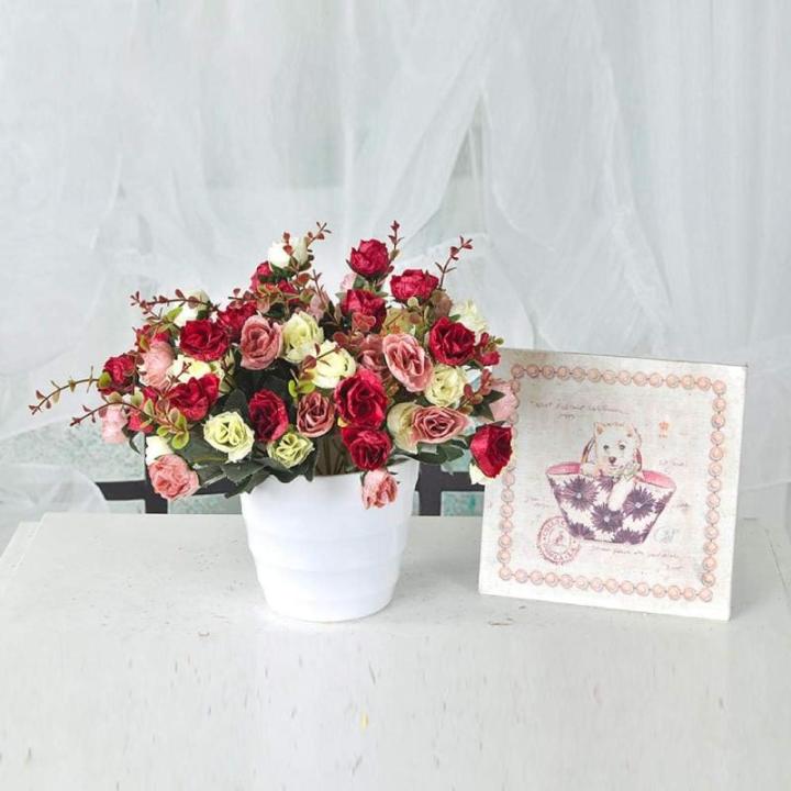 21 kunstzijden rozen, 2 bundels , decoratieve kleine boeketten , kunstboeket, realistisch plastic boeket voor huis, feest, taartdecoratie