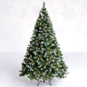 Weihnachtsbaum, 9,8 Fuß beflockter Schnee-Weihnachtsbaum, künstliche Weihnachtskiefern mit aufklappbarer Tannenzapfendekoration, unbeleuchtet, Metallständer for festliche Feiert